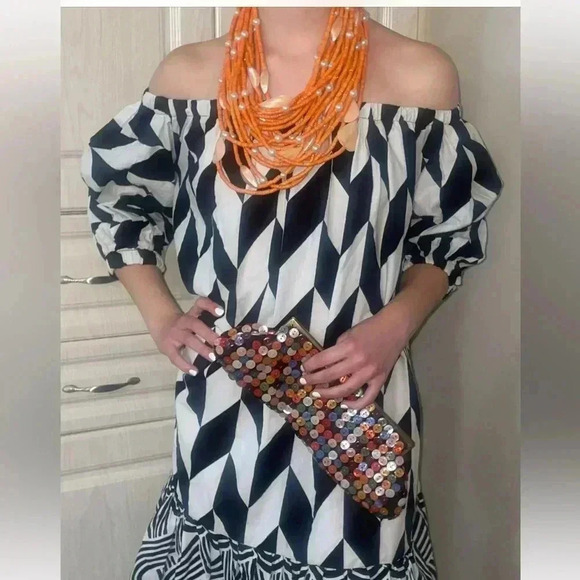 Patricia Nama dress geometric pattern designer black white mini babydoll - Picture 5 of 12